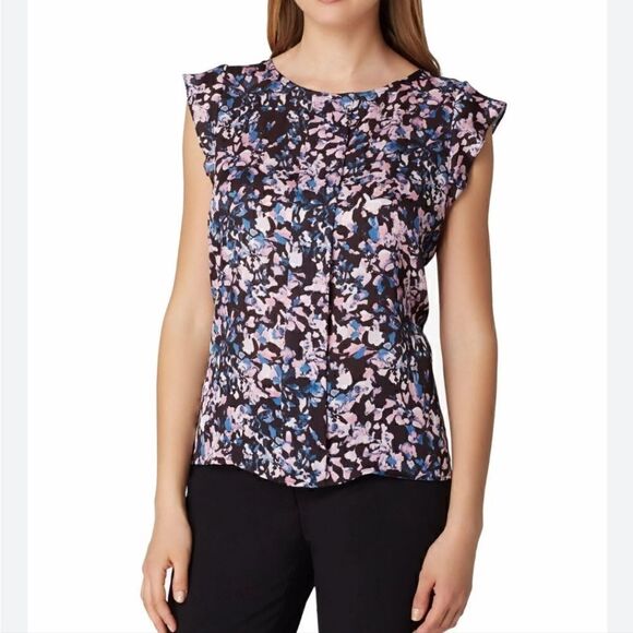 Tahari ASL Floral Printed Flutter-Sleeve Sheer Blouse, Blue & Pink Size XSmall - Picture 1 of 9